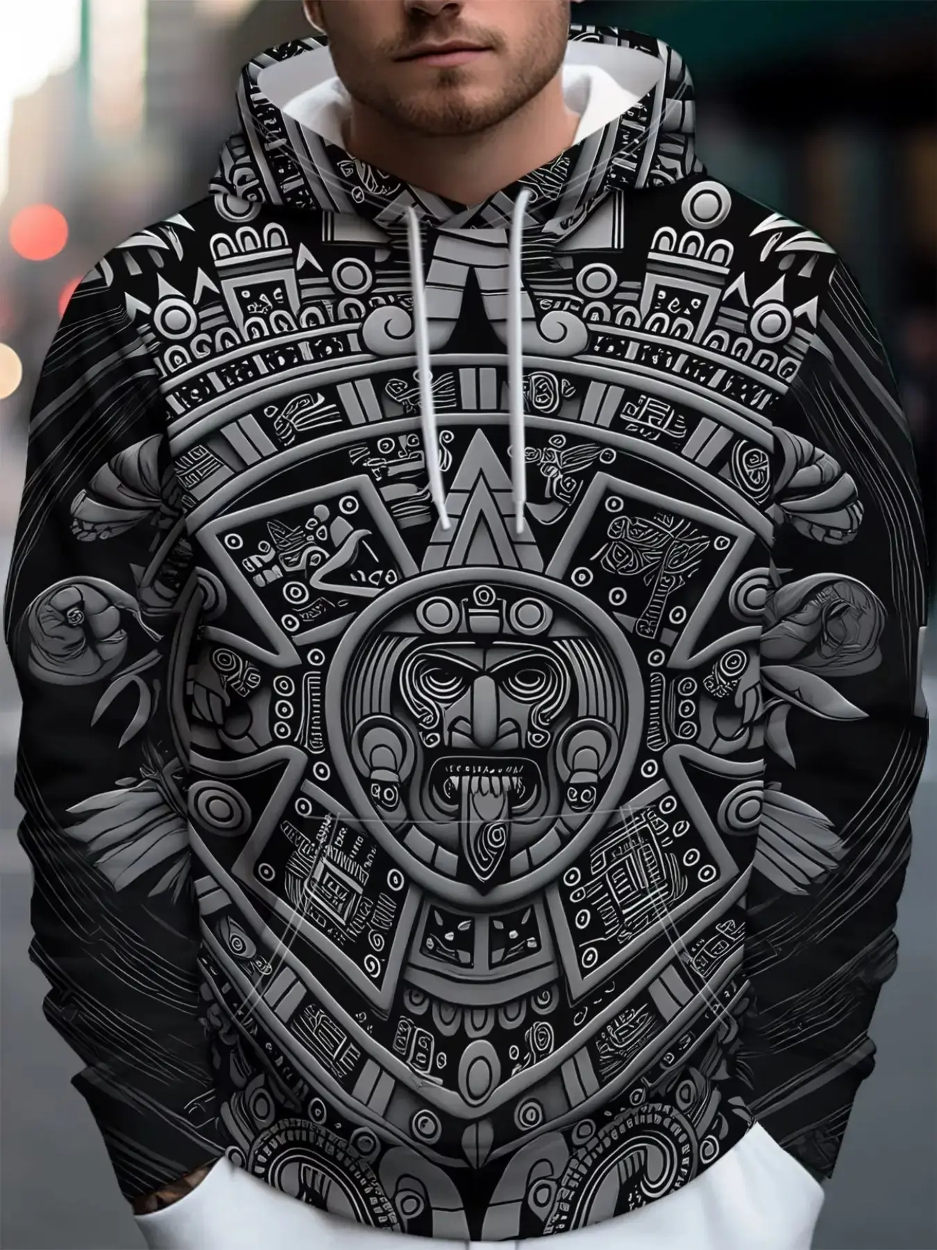 Men's Aztec Sun Calendar Totem 3D Print Hoodie, Vintage Native American Culture Sweatshirt, Casual Sporty Long Sleeve Top for All Seasons