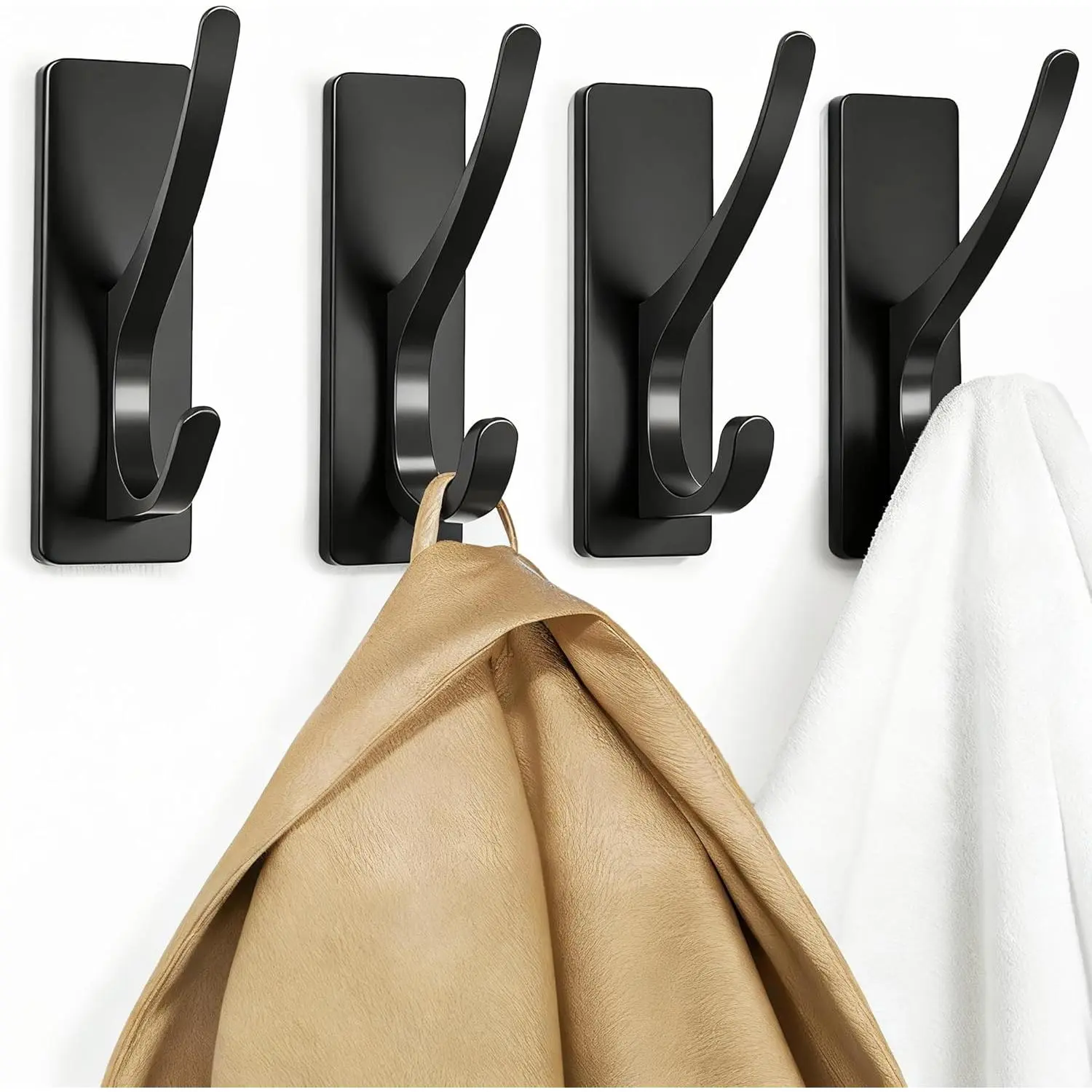 Matt Black Self-Adhesive Hook, 13LB Hanger for Coat/Towel, 4-Pack