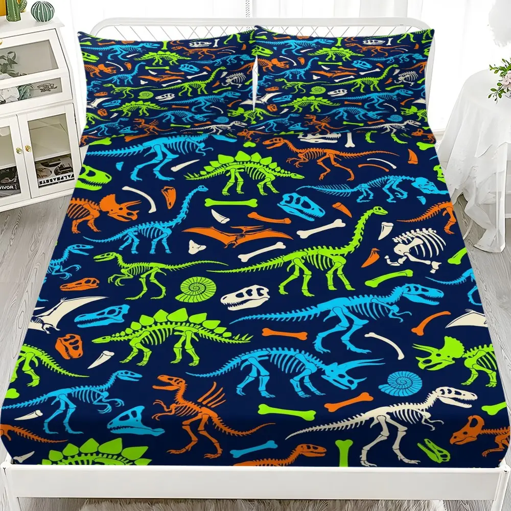 Prehistoric Animal Fossil Print Bed Sheet Set, Queen Mattress Cover, Polyester, Bedroom Gift, 3pcs (1 Bed Sheet + 2 Pillowcases)