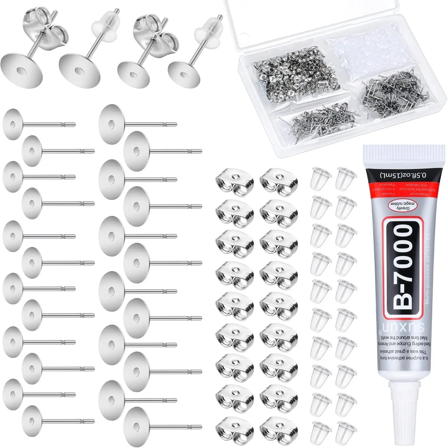 Glue With 600 count Stainless Steel Earring Posts and Backs -  Blanks With Rubber Backs for  Making Supplies and Findings