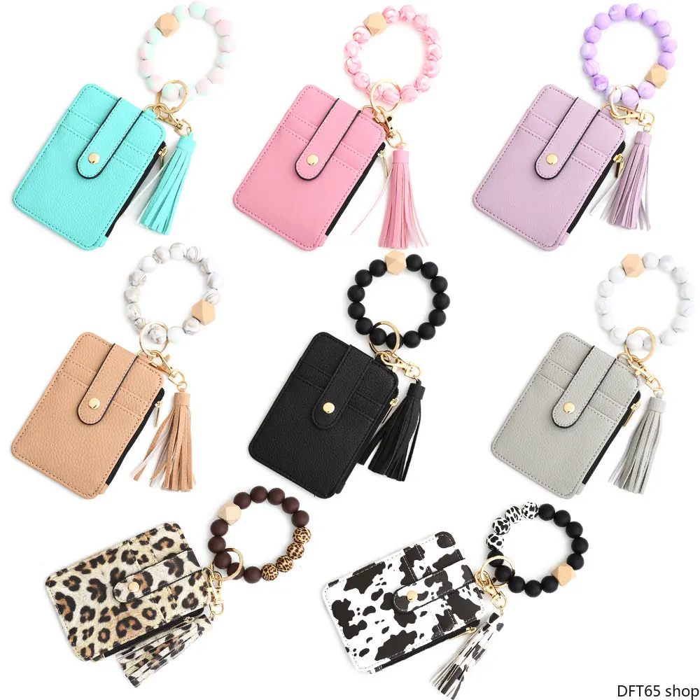 Women's Fashionable PU Leather Keychain Wristlet with Silicone Beads and Tassel, Card Holder Wallet - Gifts for Women, Female, Tassels, Beaded Wristlet Keychain, Multifunctional Keychain