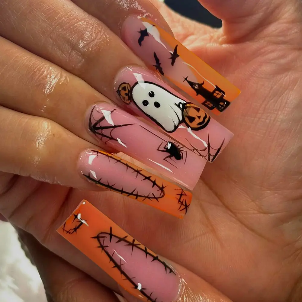 Halloween 24pcs Long Coffin Press-On Nails, DIY Fake Nails, Pumpkin Ghost Bat Design, Acrylic Set Includes Jelly Glue and Nail File, Medium Square Shape