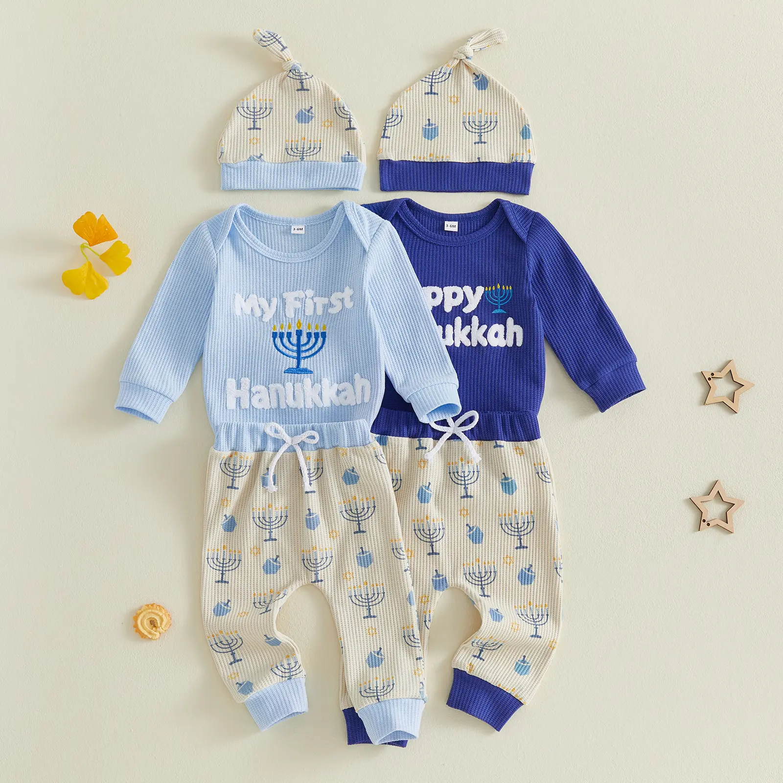 Infant Baby Boy Hanukkah Outfits Long Sleeve Romper with Candle Print Pants Hat Set 0-18 Months