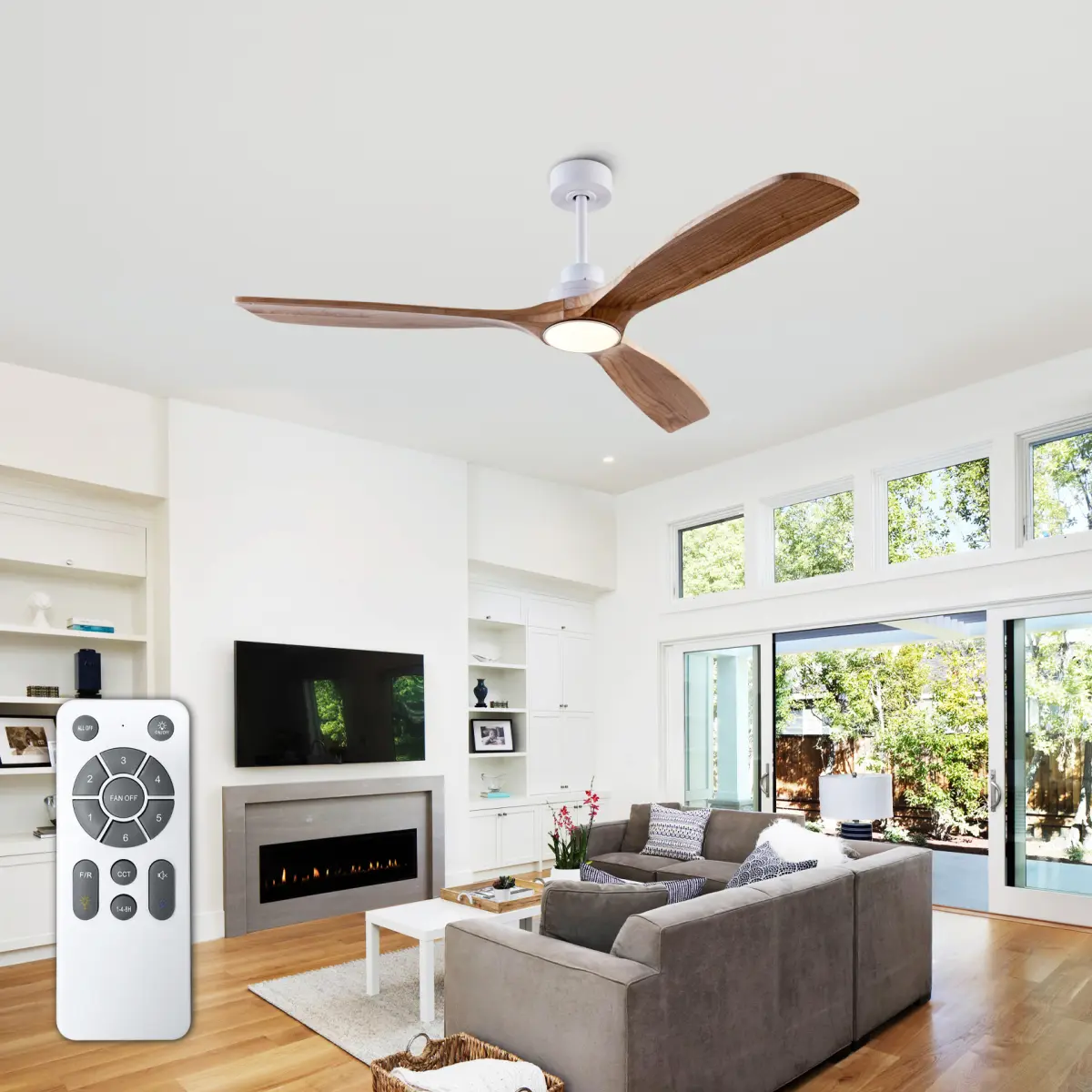 52" Natural Wood Ceiling Fan with 6-Speed Noiseless Reversible DC Motor, 3-Blade Indoor Fan with Farmhouse Look for Bedroom, Living Room
