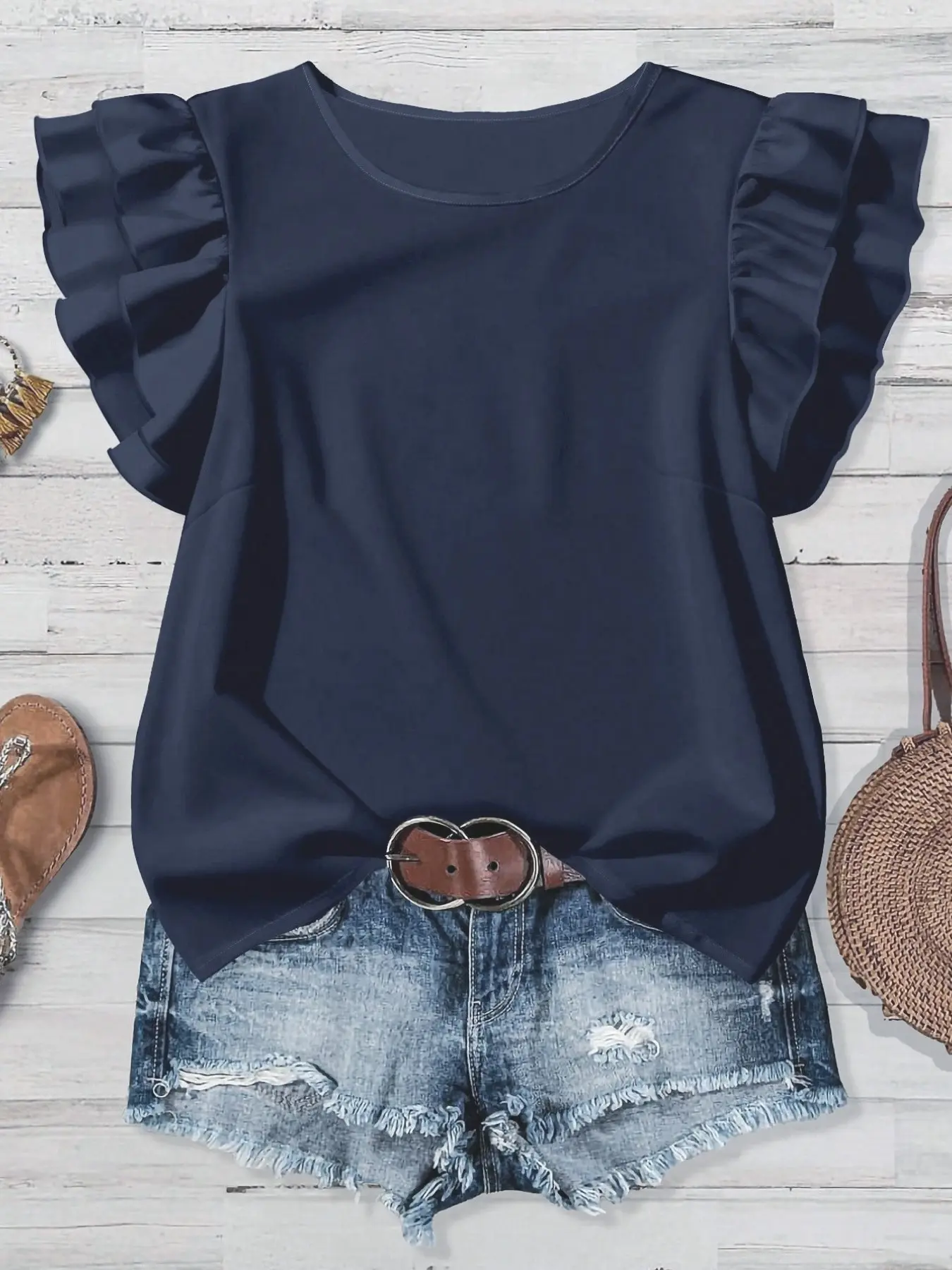 Women's Spring Summer Ruffle Sleeve Casual Baggy Solid Color Feminine Top, Ruffled Neck Shirt, Perfect for Daily Commute/ Vacation Wear