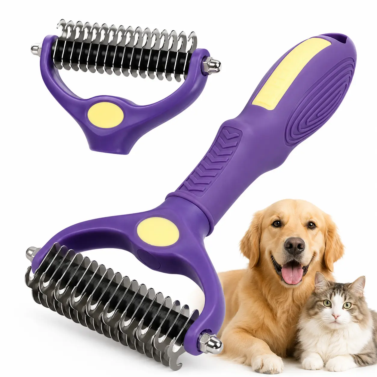 Metal Pet Dematting Comb - Dog & Cat Grooming Tool, Slicker Brush, Mat Splitter, Detangling Knife for Loose Hair Removal, Poodle Grooming Accessory