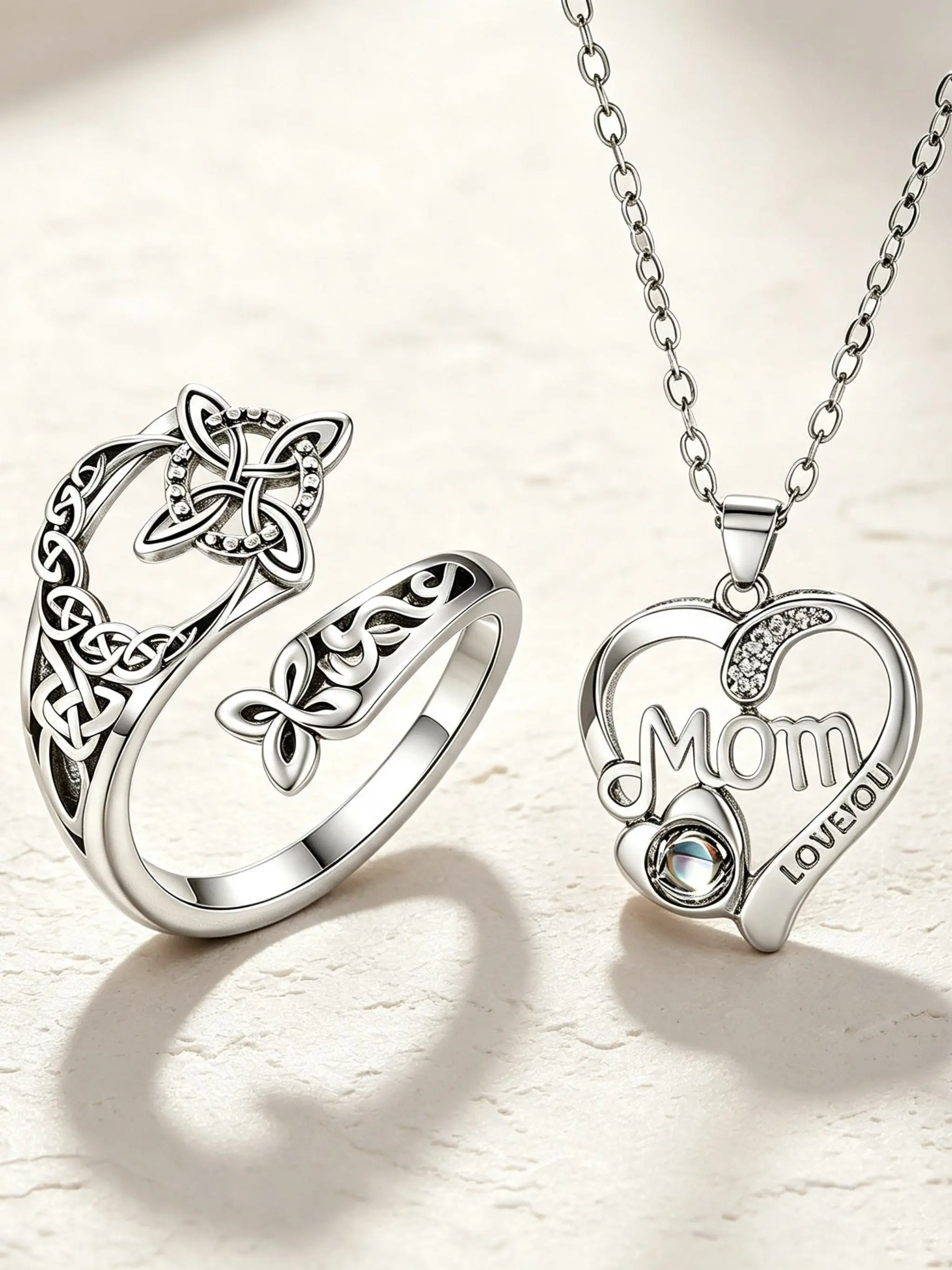 Vintage Silver Color Irish Celtic Knot Ring, Heart Projection Crystal Pendant Necklace, Elegant Women's Jewelry Set, Mother's Gift