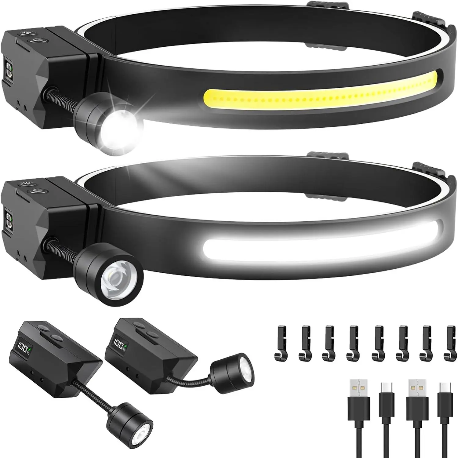 Headlamp Rechargeable 2 Pack, Detachable 230 °     Wide Beam LED 2 in 1 Head Lamps with Motion Sensor, Hard Hat Head Lamp  Adults, 7 Modes Headlight  Mechanics, Hiking, Outdoor Work
