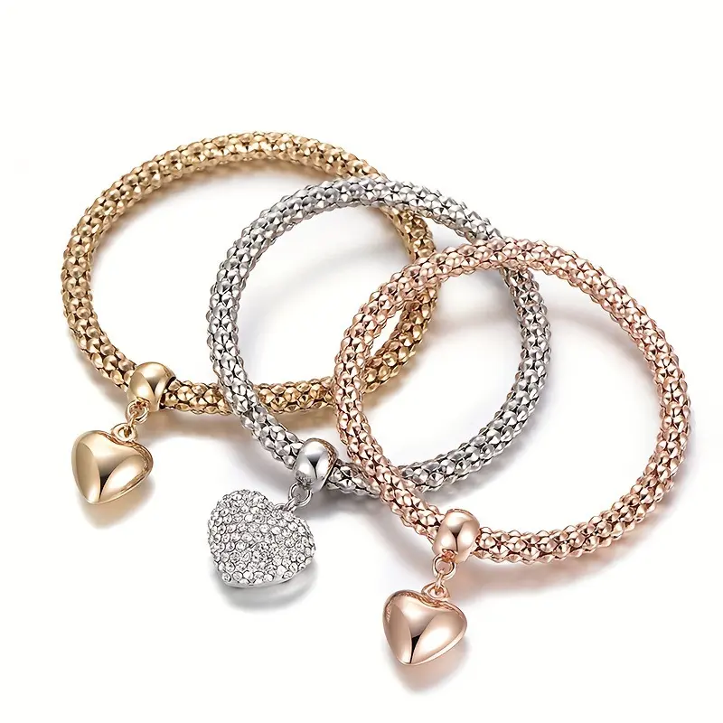 6PCS Women’s Bracelet Set, Aesthetic Love Pendant Charm Bracelets with Silver Gold Rose Gold Mixed Metal Corn Chain, Stackable Layered Jewelry, Elastic Adjustable Fit, Trendy Fashion Accessories for Daily Wear, Valentine’s Day Gift