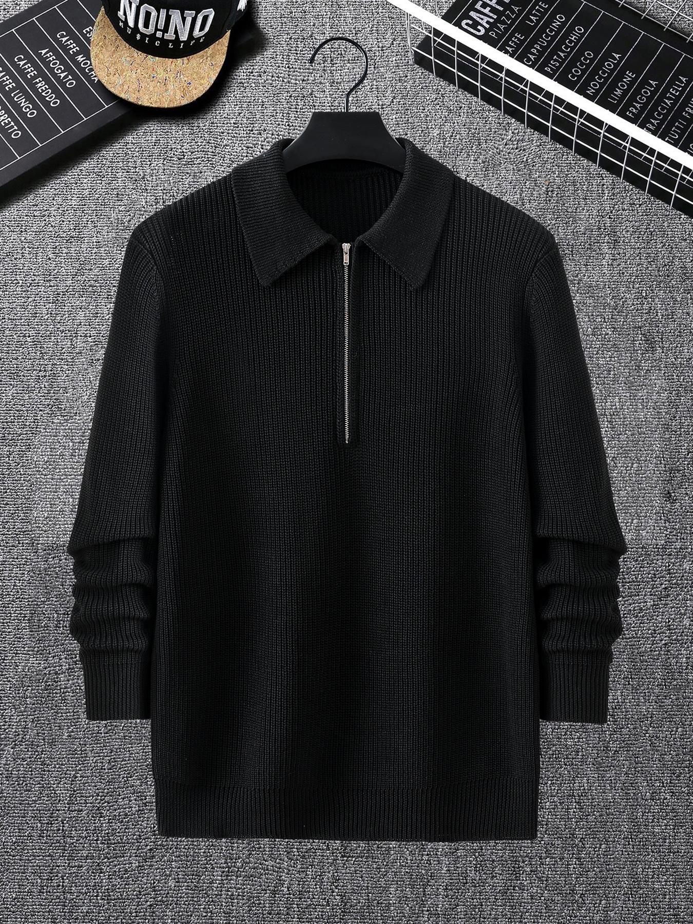 Men's Solid Zip Up Half Placket Longsleeves Collar Sweater, Regular Fit Casual Cozy Long Sleeve Jumper for Fall, Men's Fall Knitwear for Daily Wear, Vintage Clothing Tops, Lightweight Knitwear, Street Casual Jumper