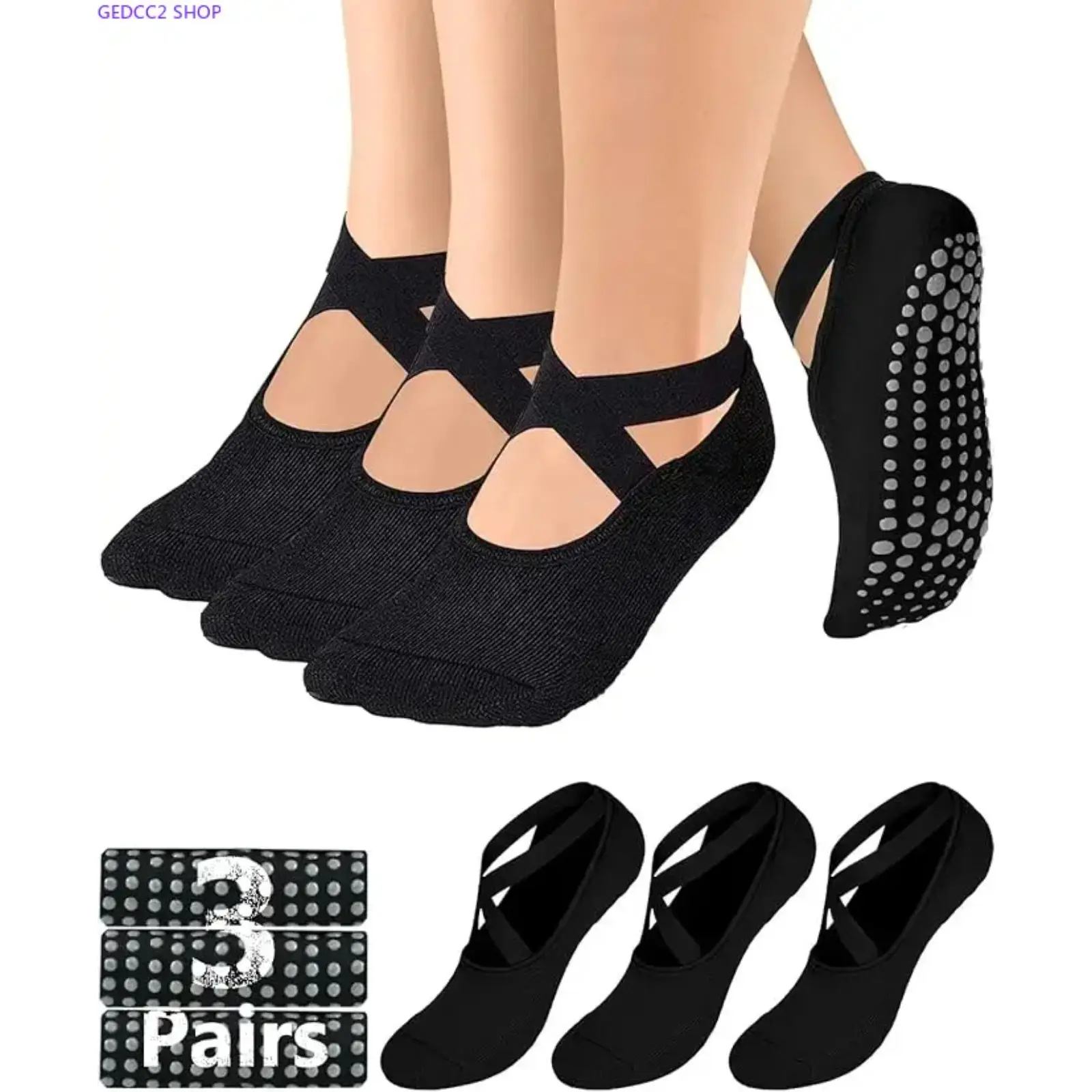 3 Pack Women’s Pilates Grip Socks, Cotton Non Slip Yoga Socks with Silicone Grips, Ballet Dance Socks for Barre, Workout & Home Exercise