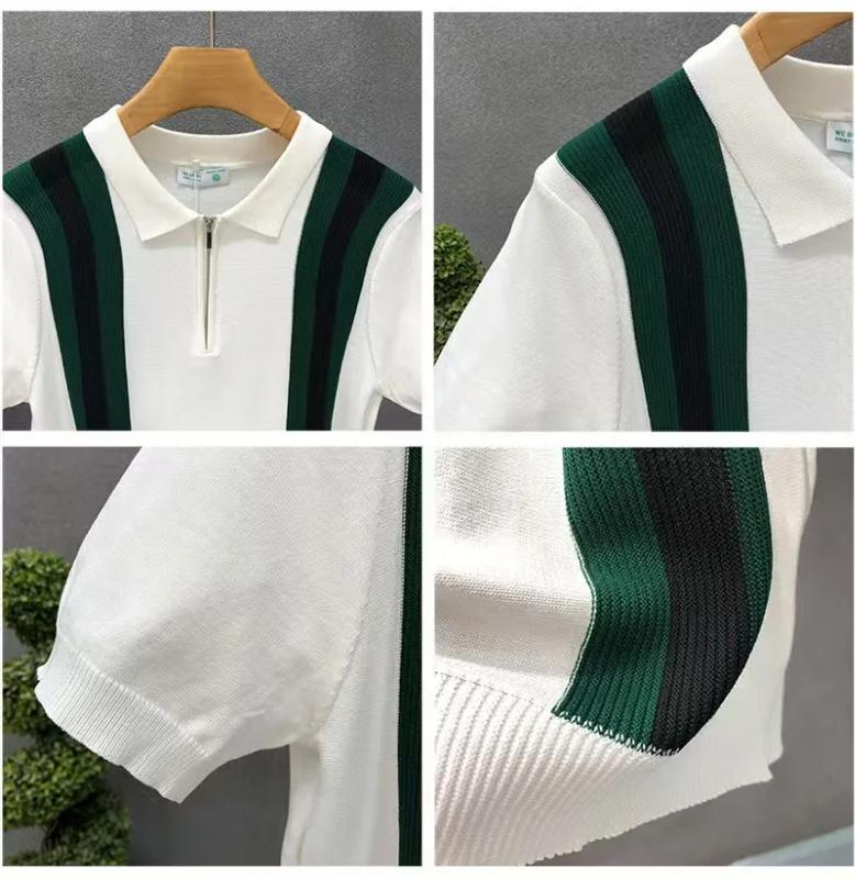 Kyn Apparel Summer New Men Slim-fit Luxury Knitted Polo Shirt Striped Patchwork T-shirt Casual Zipper Short Sleeve Tops Business Knitwear