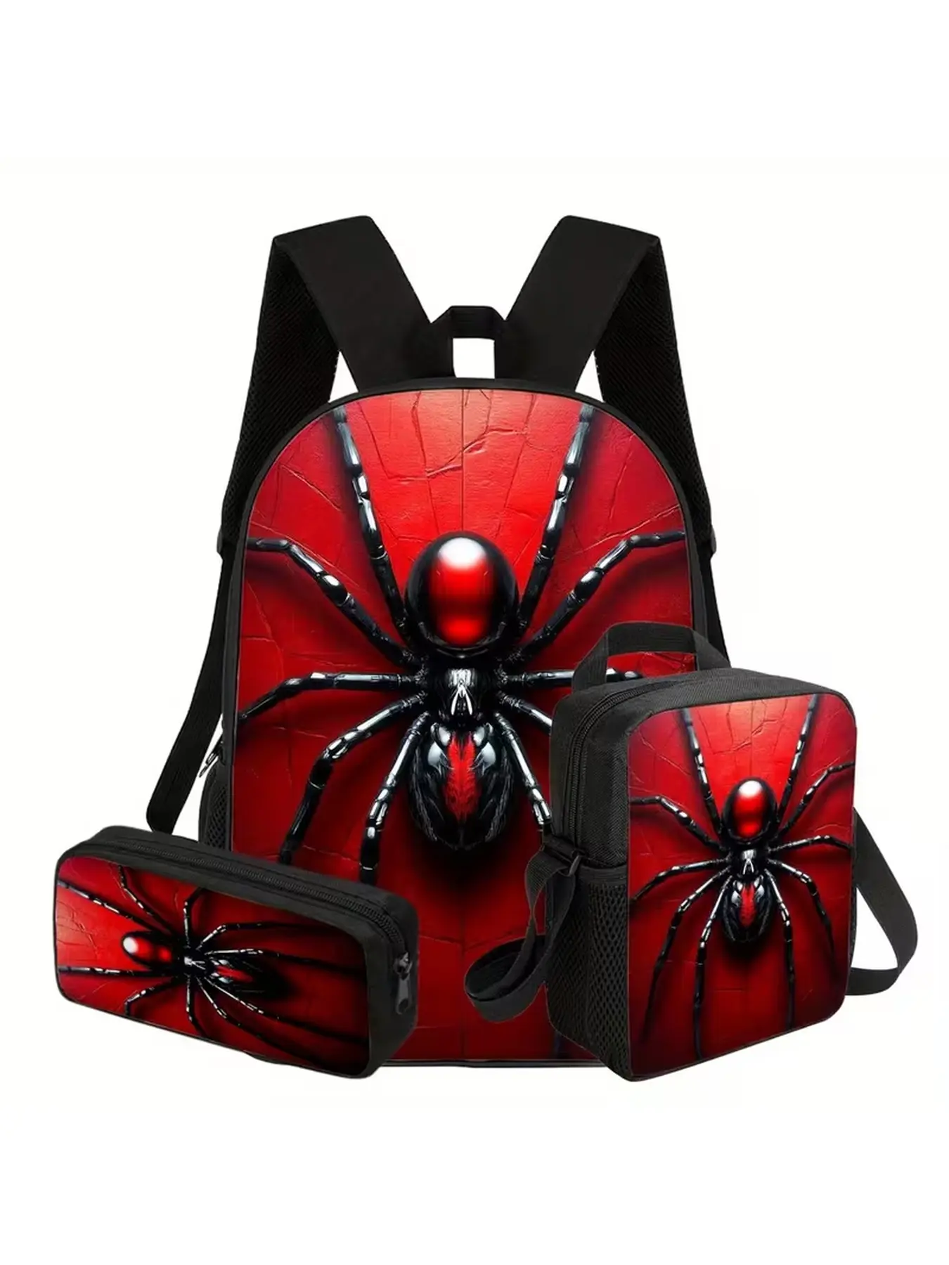 Cool Red Cracked Texture Black Spider Art Pattern 3Pcs School Bag Set, Backpack + Lunch Bag + Pencil Case, Back to School Supplies, Christmas Birthday Gift for Teen Boys