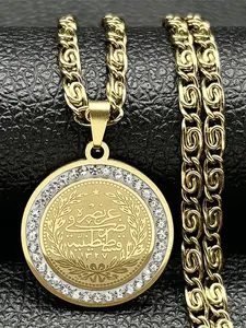 Allah Muslim Islam Quran Medal Necklace for Women Men Rhinestone Stainless Steel Gold/Silver Color Arabic Blessing Chain