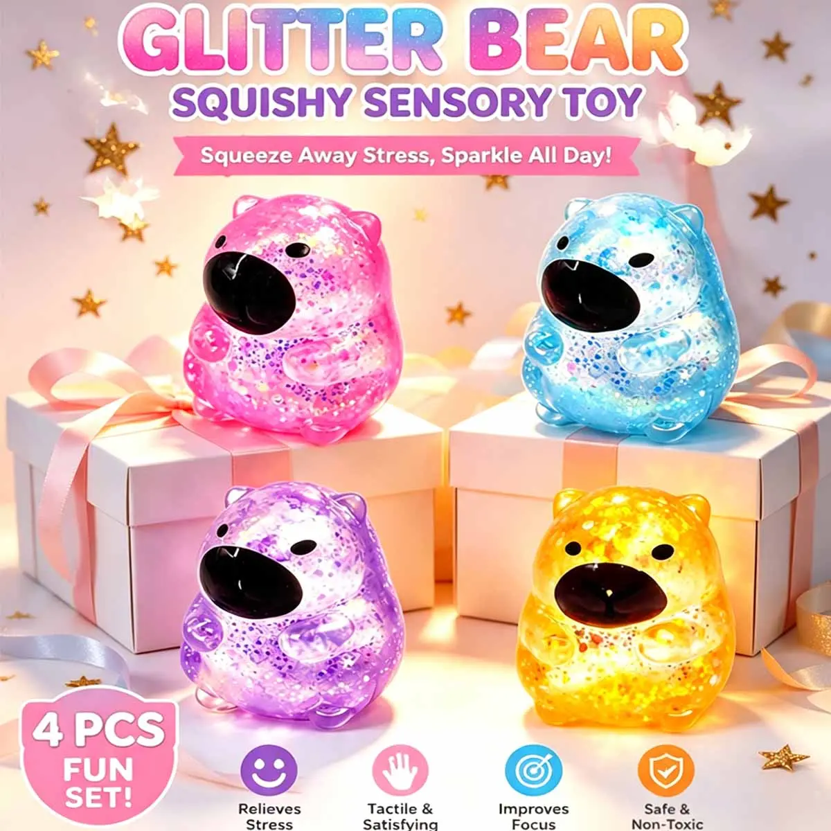 Capybara Malt Candy Squishy Toy Slow Rebound Mochi Fidget Toy For Stress Relief Ideal Gift For All Ages Glitter Capybara Bear Squishy Fidget Toy Colorful Sensory Stress Balls Squishy Ball Fidget Toy For Kids Adult Glittery Squishies