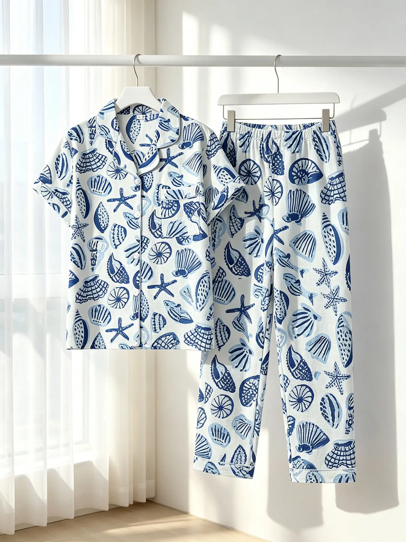 Women's Button-Down Short Sleeve Top & Long Pants Pajamas Lounge Set, All Over Seashell Print, White Blue Base, Front Pocket, All Season Wear, Comfortable Cozy Coastal Aesthetic Loungewear, Nightwear