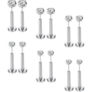 12Pcs Threadless Push Pin Flat Back Piercing Studs, Silver 8mm 16G Surgical Steel Tragus Cartilage Earrings, Hypoallergenic Nose Nostril Lip Medusa Piercing Jewelry
