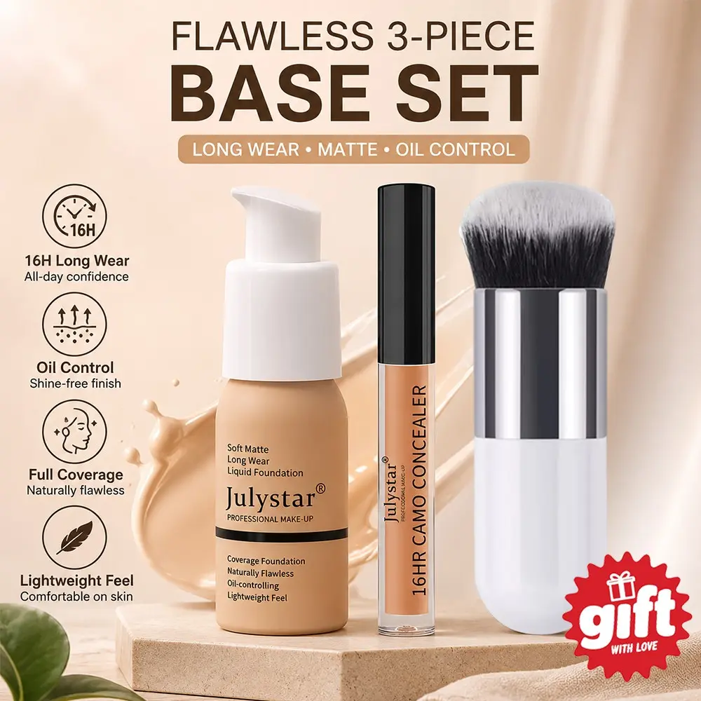 Oil‑Control Matte Base Makeup Set Of 3, Liquid Foundation & Concealer With Gift Blending Brush, 16H Long Wear Breathable Lightweight, Conceal Blemish Dark Circles For Daily Face Beauty