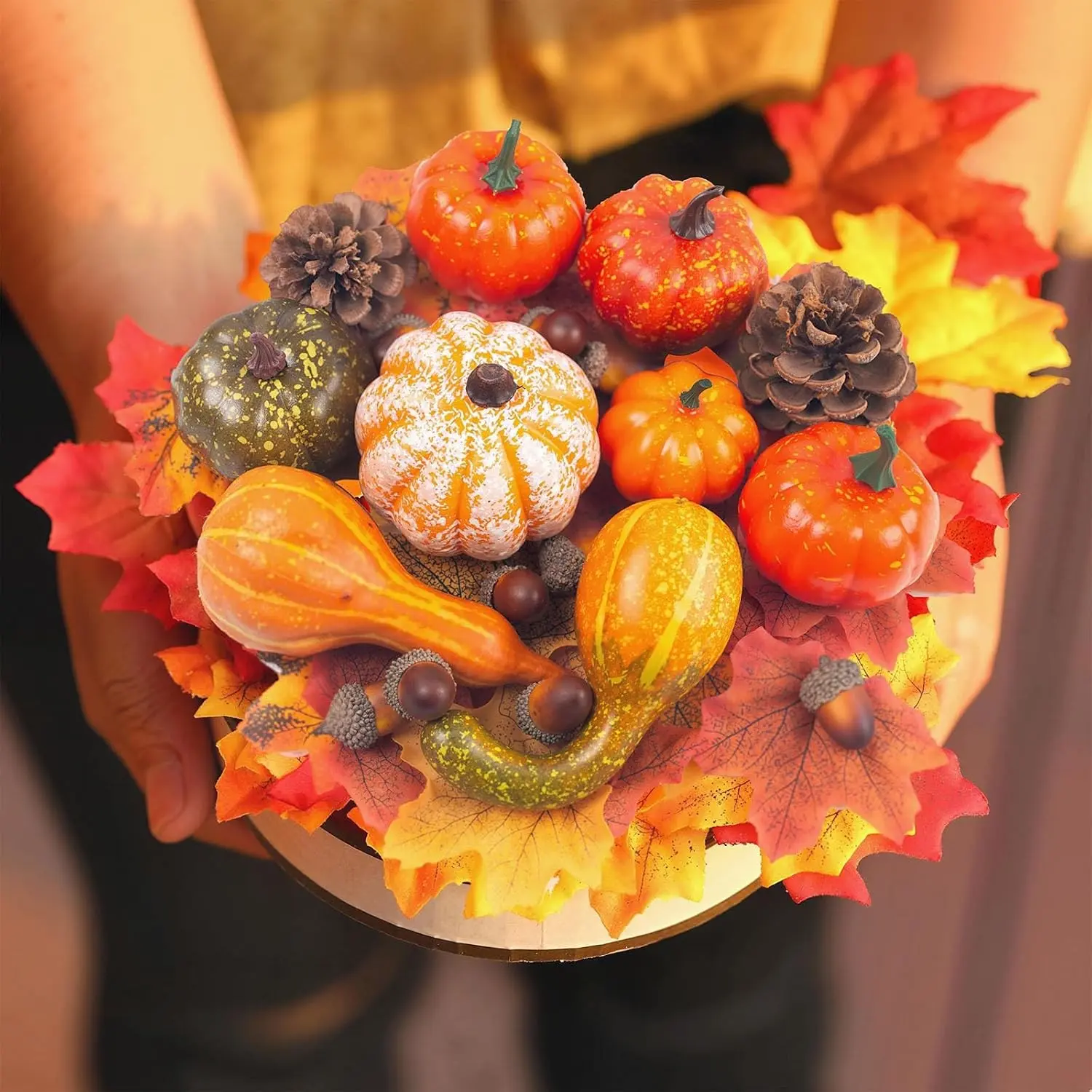 Thanksgiving Mini Pumpkins, 8 Assorted Fake Pumpkins and Grounds | 30 Maple Leaves 10 Acorns 2 Pine Cones Bowl Filler Fall Garland Wreath, DIY Crafts for Harvest Table Centerpieces