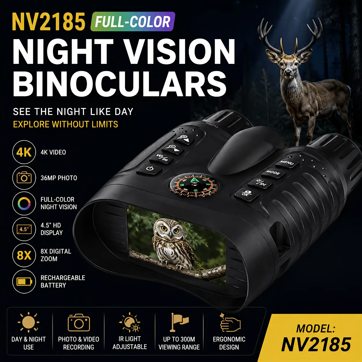 4K Digital  Vision Binoculars for Adults, Full Color  Vision Goggles with Camera, 8X Zoom Infrared Hunting Binoculars, Photo Video Recording, HD Display for Wildlife Watching Camping Outdoor telescope night Focus Manual nature lover
