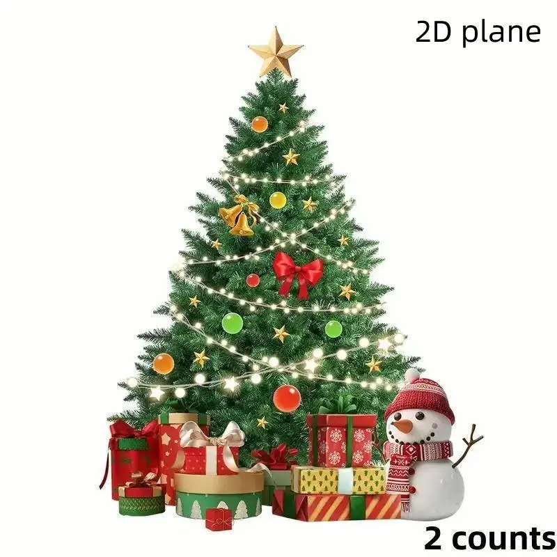 2 Counts Holiday Christmas Wall Stickers - Painting Tree and Snowman Design, Removable PVC Stickers, Suitable for Living Room, Bedroom, Dining Room, and Entrance