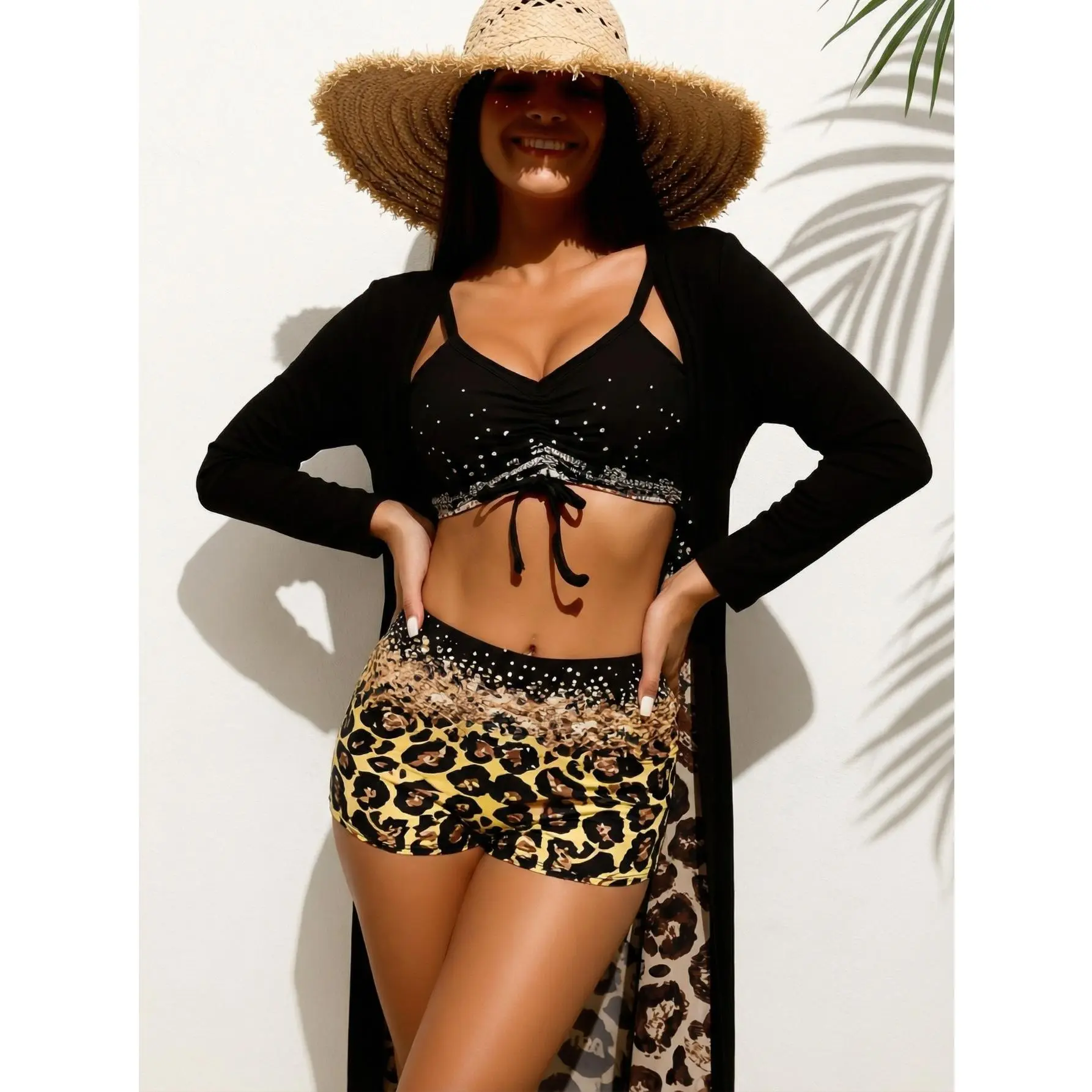 2026 New Plus Size Trendy Swimsuit 3pcs Set Black Leopard Rhinestone Drawstring Push Up Top Leopard Boyleg Shorts Mesh Cover Up High Waist Soft Women's Summer Vacation Swimwear