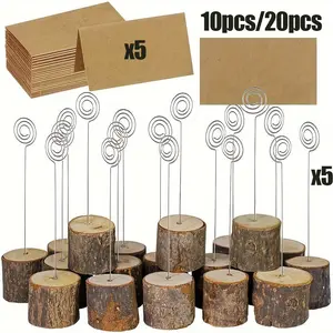 Rustic Wooden Table Number Holders, 10/20pcs with Twisted Wire, Uncoated Leather Tent Cards, Perfect for Weddings and Parties