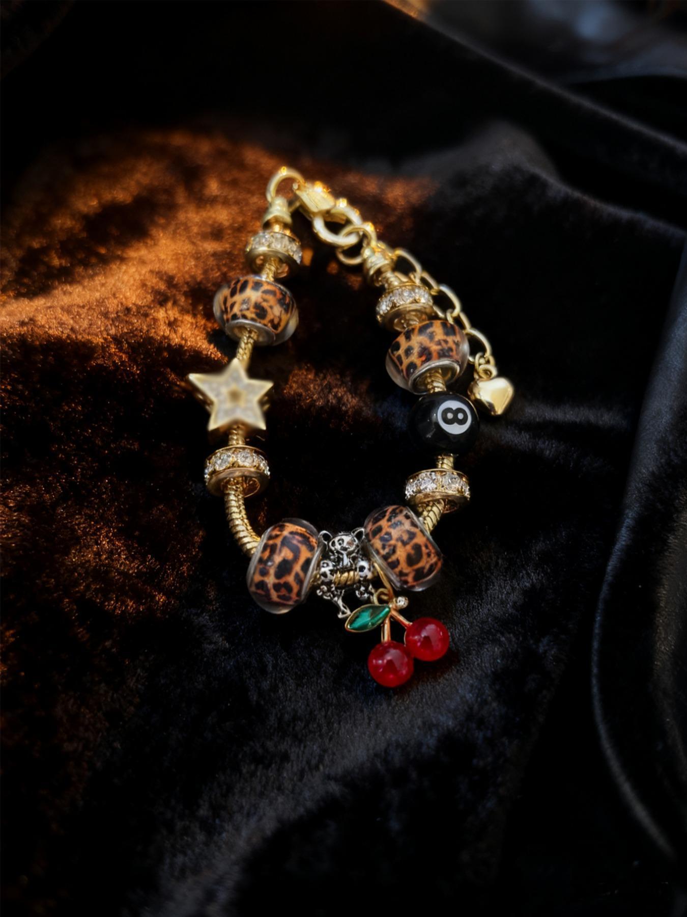 2026 New Women's Leopard Print Rhinestone Cherry Charm Bracelet, Trendy Y2K Iron Chain Bracelet, Versatile All-Season Jewelry & Perfect Gift for Her