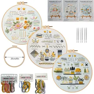 Hand Embroidery Beginner Kit, 3-Piece Basic Practice Set with English Stitch Guide, DIY Needlework Craft Materials for Skill Training Home Art Project