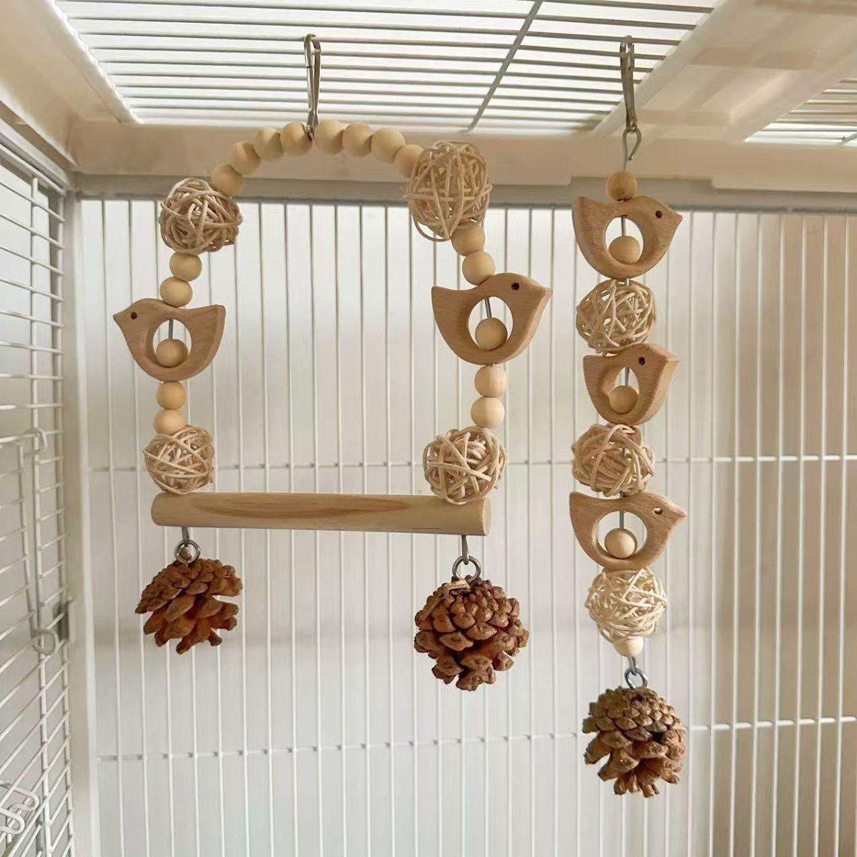 Pine Cone & Vine Ball Parrot Toy, Bird Cage Chewing Teething Items for Small Medium Parrots, Climbing Educational Swing for Budgie Cockatiel Lovebird, Relieve Boredom Stress Relief