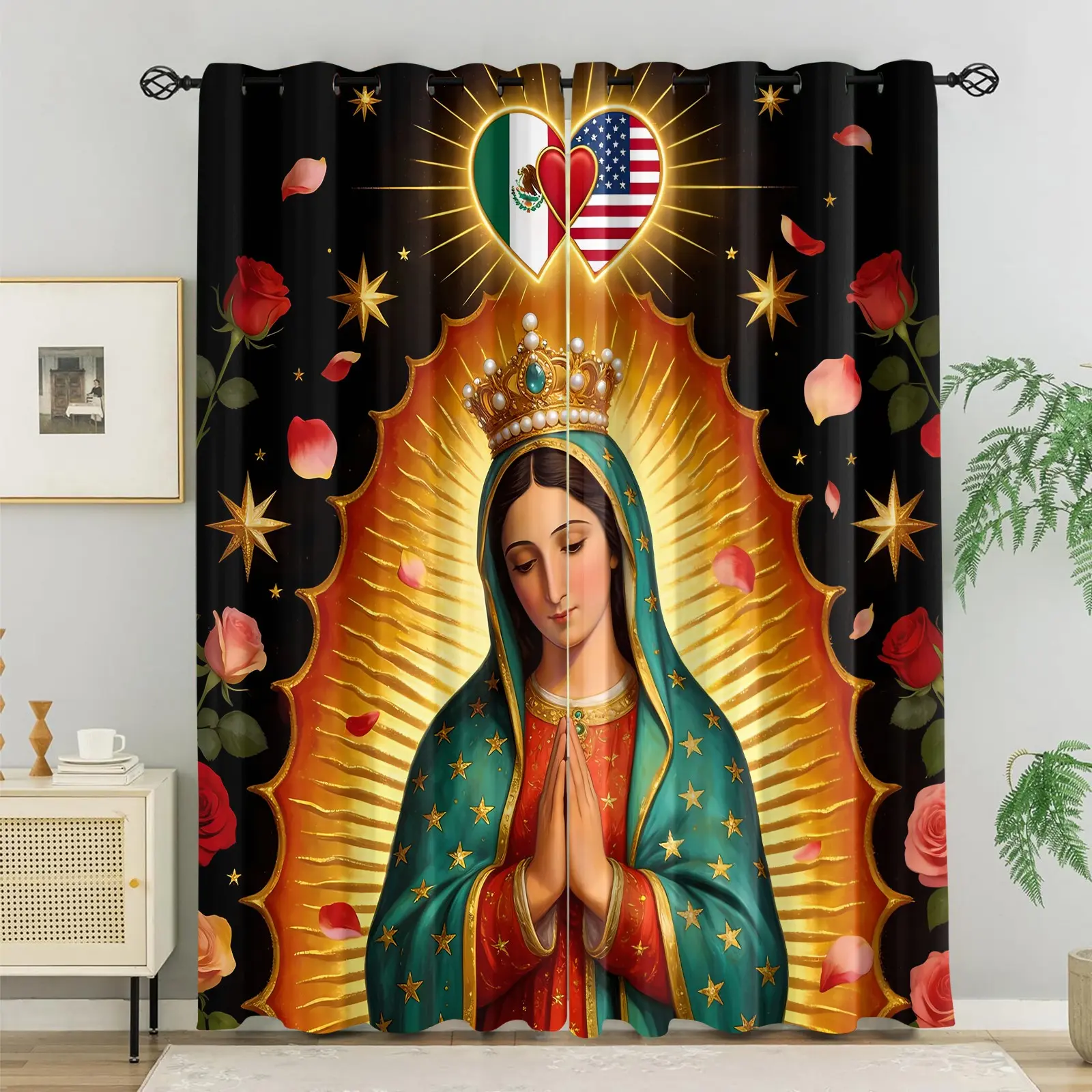 2 Panels Our Lady of Guadalupe Curtains, Mexico US Flag Rose Print Curtains, Spiritual Religious Blackout Curtains, Catholic Decoration Curtains with Grommet Top, For Bedroom Living Room Prayer Room Decor