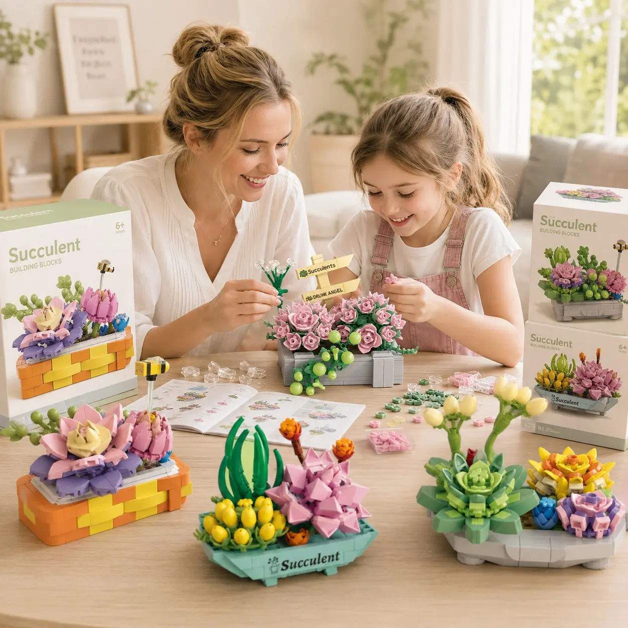 4 PC Micro Building Blocks Succulent Collection, Aesthetic Floral Display Style, Four Decorative Plant Designs with Vivid Colors and Smooth Mini Pieces, Relaxing DIY Toy for Home Office Shelf Decor, Christmas Gift, Collectible Model