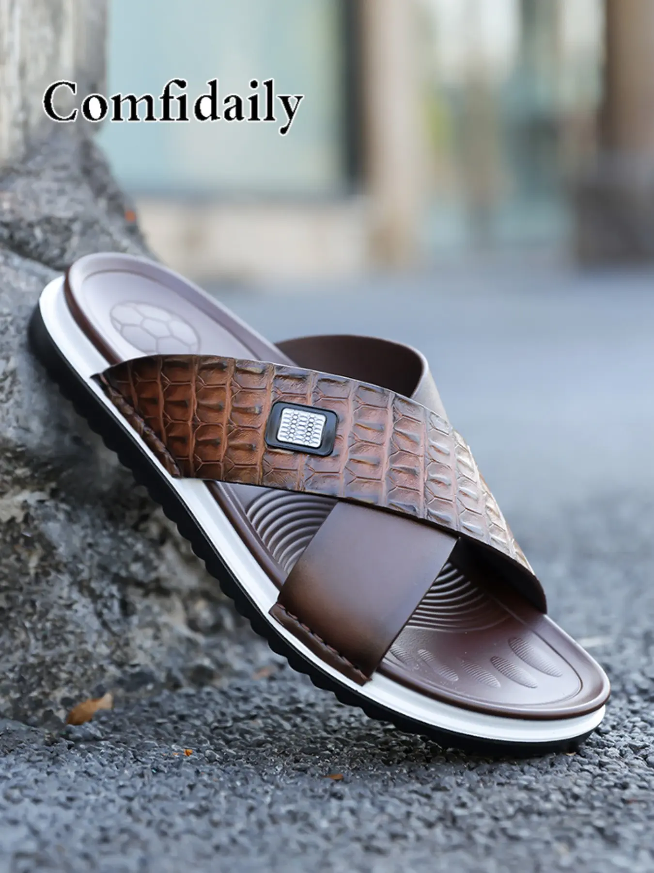Men's Summer Sandals 2026 New Model, Soft Sole Anti-Slip Birkenstock Style, High-End Trendy Outdoor One-Piece Slippers, Size 48, Premium Leather