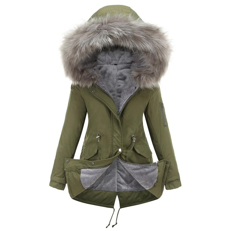Women's winter warm coat, warm fleece parka, windproof mid-length jacket, hooded padded jacket, zipper and button design, suitable for winter wear