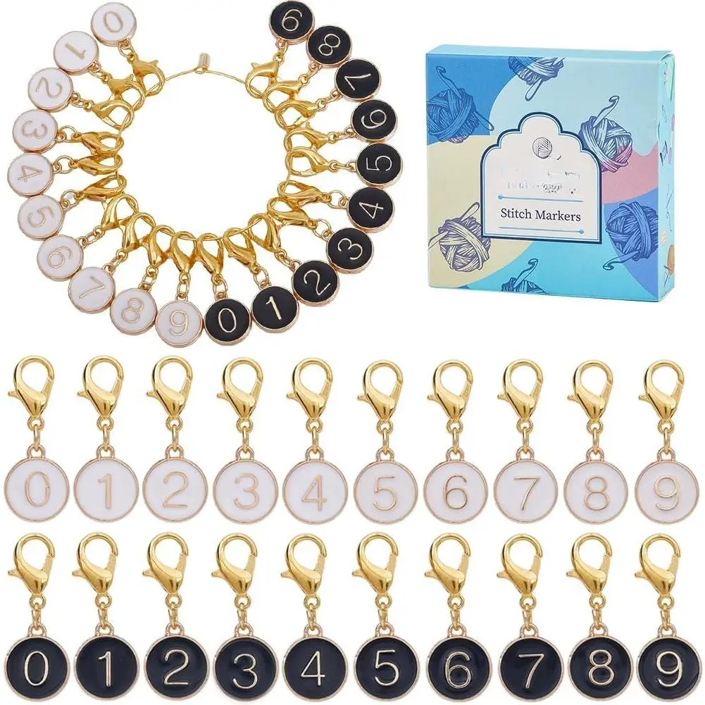 Bulk Enamel Alloy Number & Alphabet Charms (20-Count, 10 Styles, Numbers 0-9) with Lobster Clasp, Locking Removable Clip for Crocheting, Knitting Craft Supplies, 30Mm