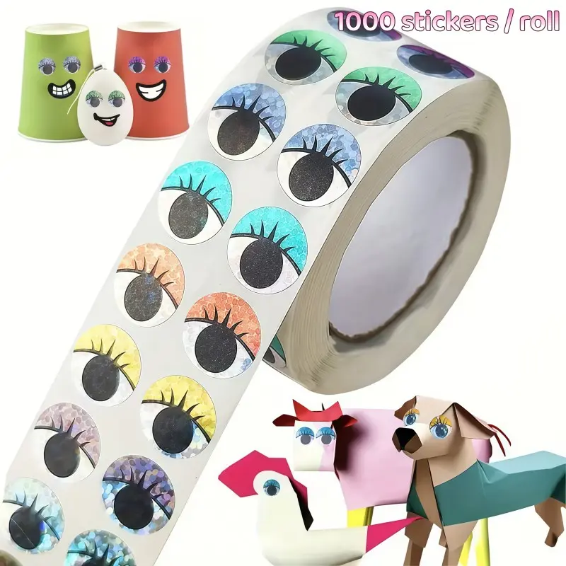 1 Roll 1000 Cartoon Eye Stickers, Decorative Sticker, Colorful with Long Lashes, Easy to Peel, DIY Decor for Halloween, Christmas, Journaling, Crafts