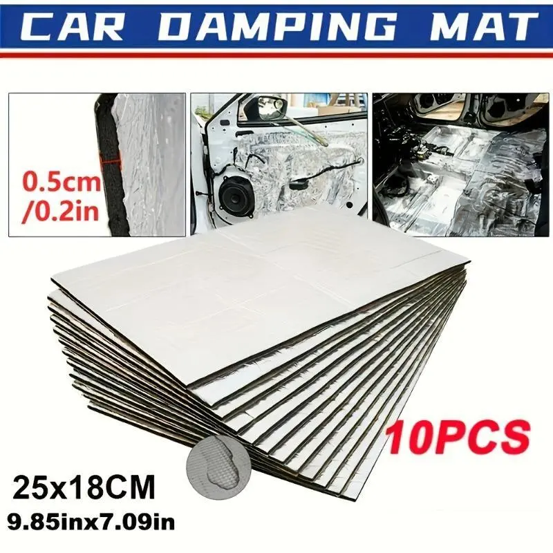10pcs Heavy Duty Car Sound Deadening Mats, 9.85"x7.09", 5mm Thick – Fireproof Foam with Aluminum Coating for Noise Reduction, Vibration Absorption, and Thermal Insulation – Ideal for Cars, Motorhomes, and Commercial Vehicles, Vibration Control