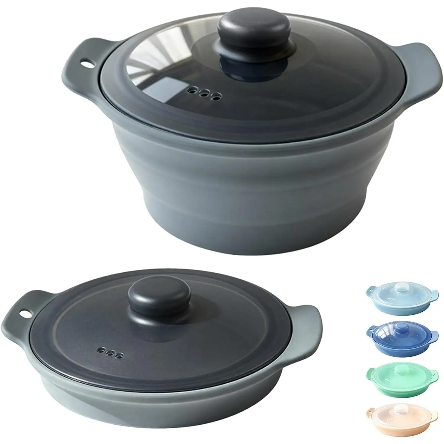 42oz Silicone Microwave Steamer For Cooking, Collapsible Food Steamer For Vegetable, Seafood, Soup, Leftovers, Rice Cooker, BPA Free Small Steam Pot with Handle & Lid, Dishwasher Safe (Grey), 1 Pack