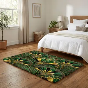 Luxurious emerald green and gold art deco area rug is perfect for elevating your living room, bedroom, or home office decor, making it an ideal gift for housewarmings and holidays.