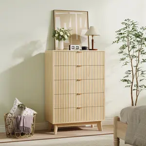 5-Drawer Fluted Wood Chest, Tapered Legs, Natural Oak Finish, MDF and Particleboard