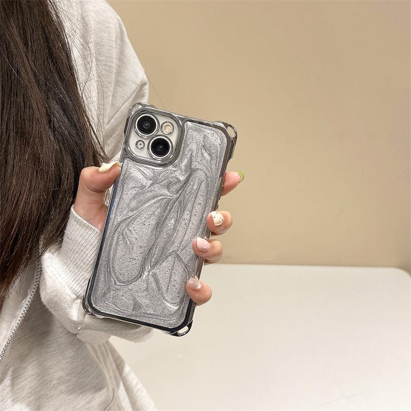 Silver Plated Four-Corner Shockproof Phone Case for iPhone 17 Pro Max 16 15 Pro Max 14 Plus 13 12, Minimalist Pearlescent White & Cement Gray Silicone Cover, Trendy Luxury for Women