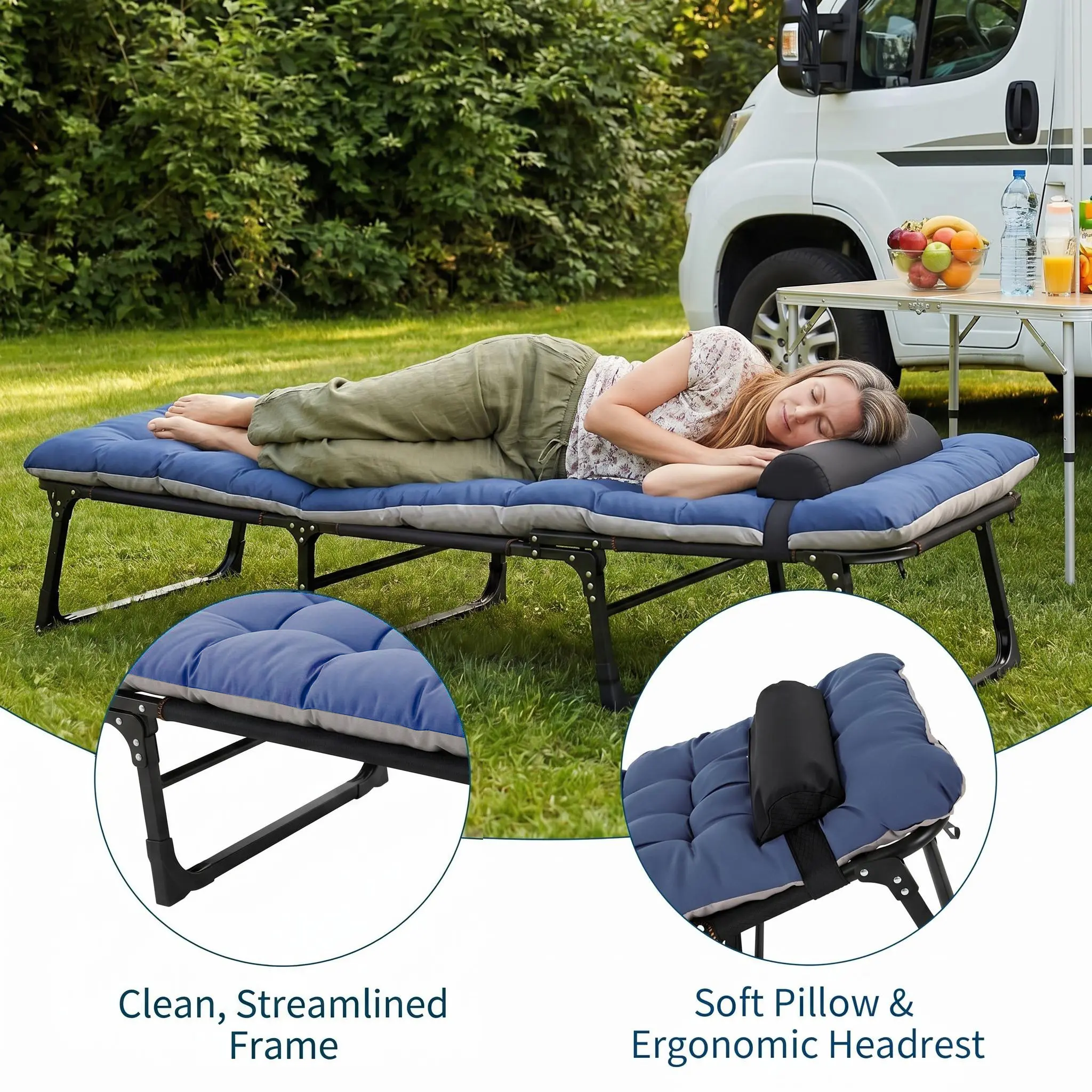 Garvee Heavy Duty Collapsible Camping Cot for Adults with Thick Padded Mattress, 8-Leg Iron Frame, Portable Tri-Fold Outdoor Bed – 190CM, Blue & Gray