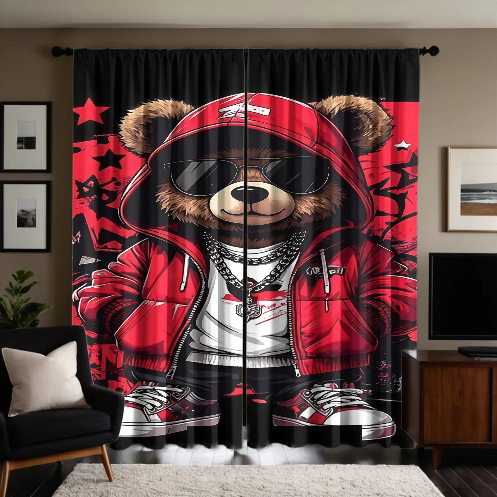 Bear Pattern Brushed Fabric Semi-Blackout Curtains, 2-Piece Set, Suitable For Living Room, Balcony And Bedroom, Perfect Home Season Holiday Room Decoration