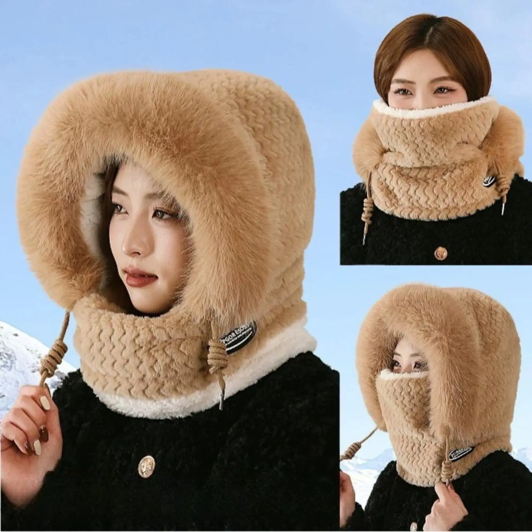 Winter Plush Balaclava Women Warm Thick Hat Hood with Scarf Mask Ear Protection Windproof Thermal Cap