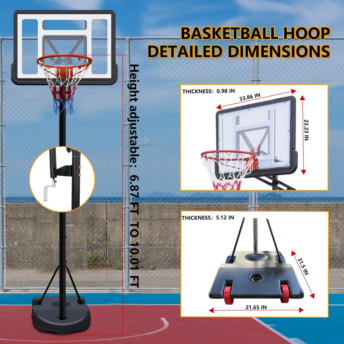 [Fahuac] Portable Basketball Hoop Height Adjustable 6.9-10ft - 34x23in Polycarbonate Backboard, Heavy-Duty Steel, Water/Sand Fillable Base, Indoor Outdoor.