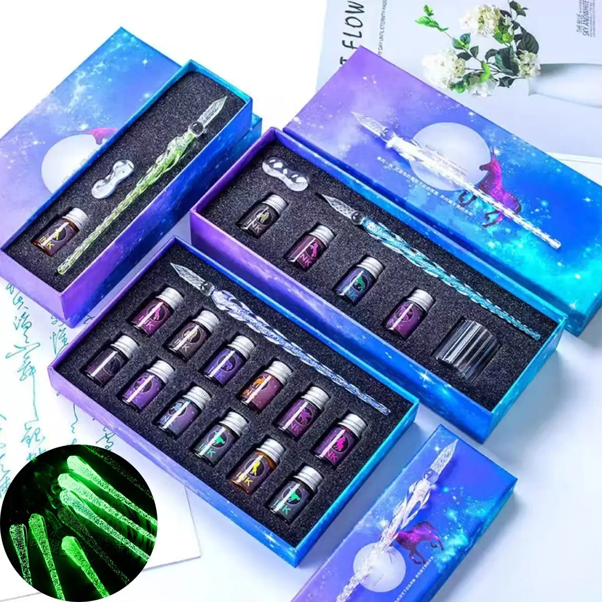 Starlight Glass Pen Set, Glitter Fountain Pens Gift Box, Student Stationery, Colorful Ink, Steel Pen, School Supplies, Pen Kit, Gift Set, Stationery Writing Tools, Aesthetic Pens, Unique Pens