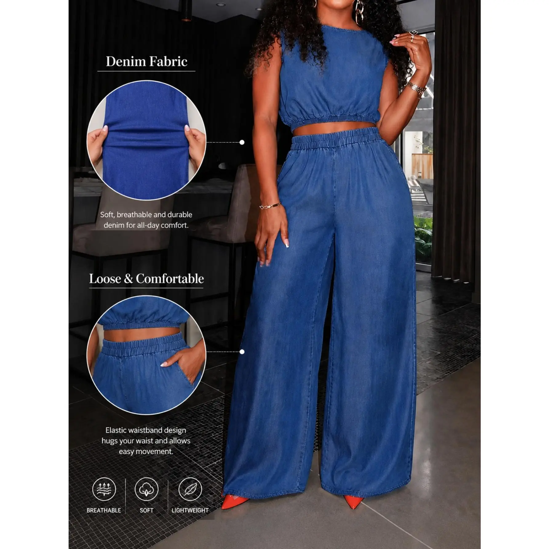 Women's Clothing - Standard Size Women's Denim Suit Top Drape Wide Leg Pants Vest Temperament Casual Elegance Versatile Vacation Comfort Suit