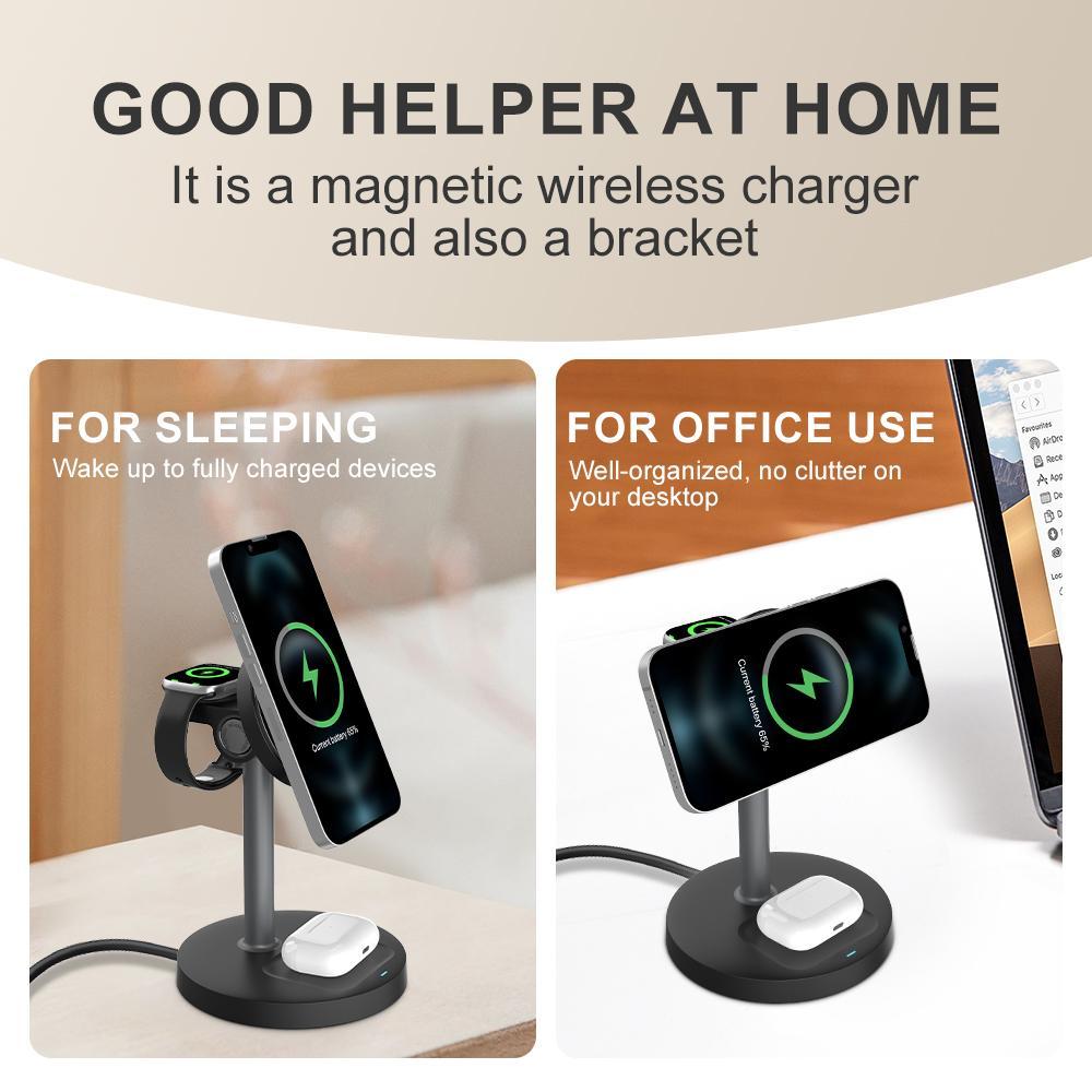 3 in 1 Wireless Charging Stand, 15W Fast Wireless Charger, Multifunctional Charging Station for iPhone 12-16 Series, Samsung S24 S23, Apple Watch & AirPods