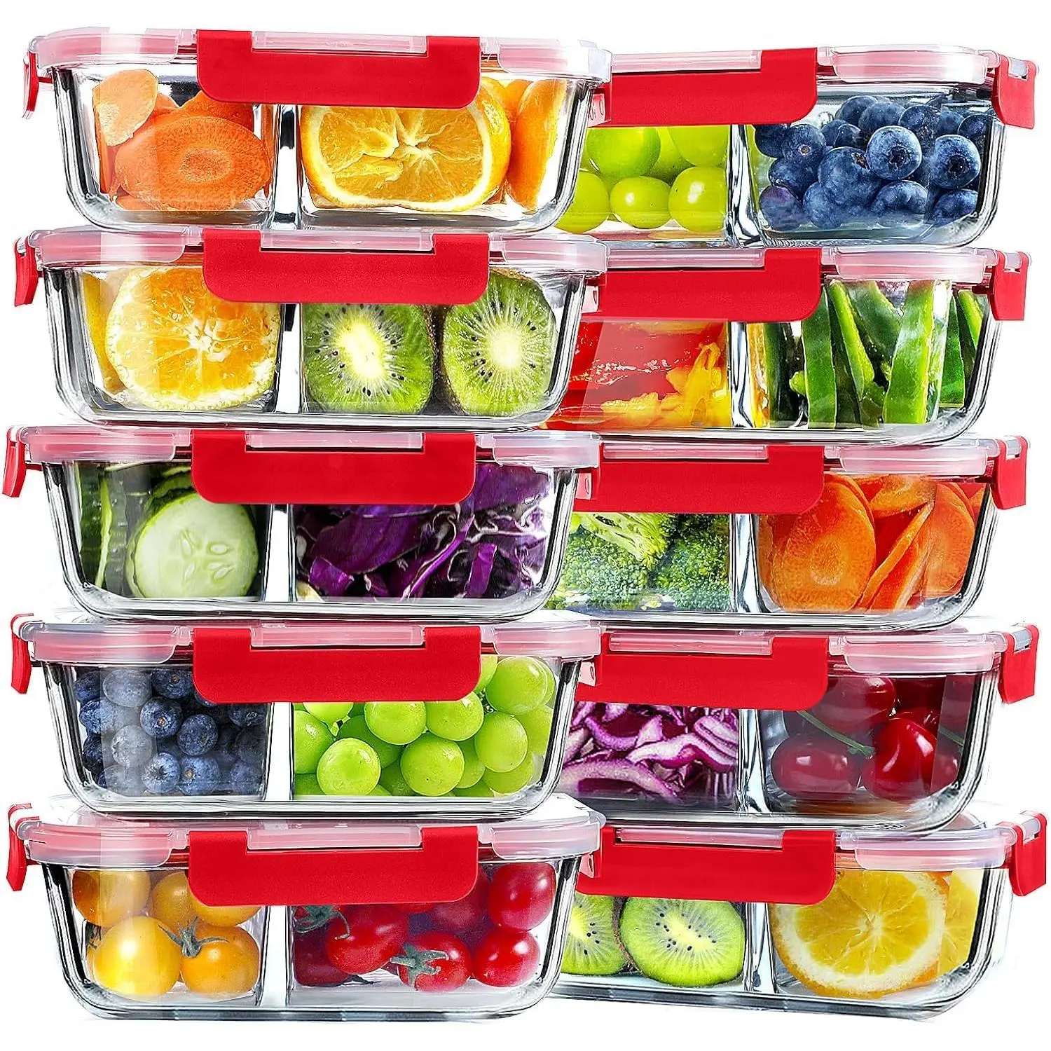 10 Pack Glass Meal Prep Containers 2 Compartment Set, 30 OZ Airtight Glass Lunch Containers, Glass Food Storage Containers with Lids, for Microwave, Oven, Freezer & Dishwasher Friendly, Red
