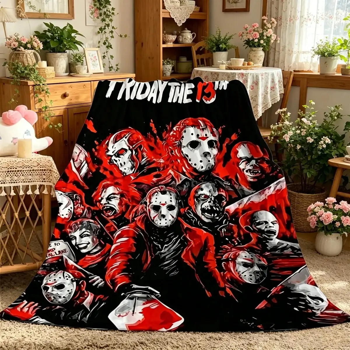Friday The 13th Horror Flannel Blanket, Jason Character Graphic Throw, Super Soft Cozy Throw, Plush Sofa Bed Travel Blanket, Halloween Movie Night Horror Fan Gift
